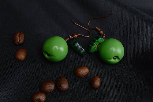 Handmade beautiful accessory earrings in shape of apples green long jewelry - MADEheart.com