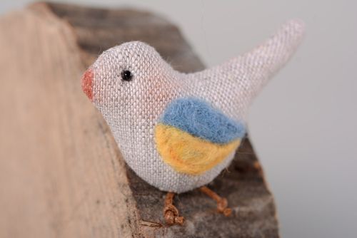 Handmade embroidered linen fabric brooch with yellow and blue wing Bird - MADEheart.com