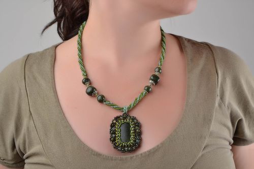 Beautiful green handmade massive beaded pendant with natural stones - MADEheart.com