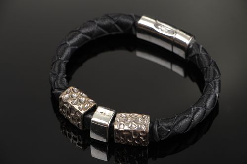Handmade thin laconic wrist bracelet woven of black color leather for women - MADEheart.com
