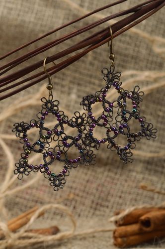 Black and violet handmade woven tatting earrings with beads - MADEheart.com
