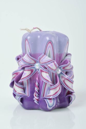 Beautiful homemade designer carved paraffin candle of lilac color with beads - MADEheart.com