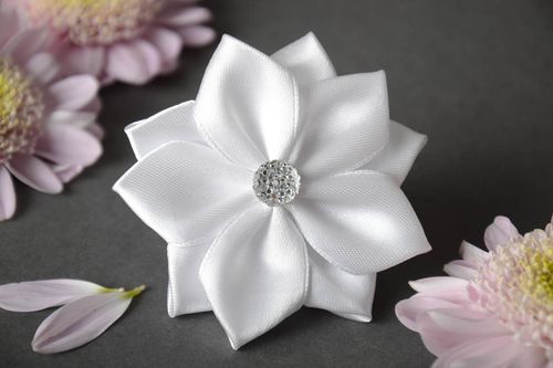 Homemade festive hair tie with snow white satin ribbon kanzashi flower  - MADEheart.com