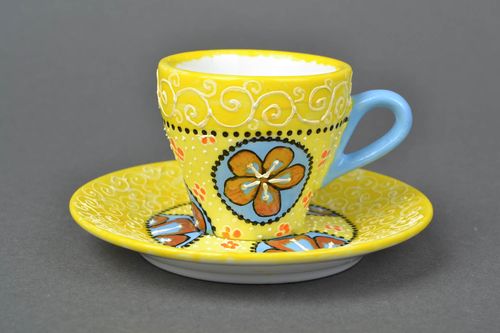 Small 2 oz yellow hand-painted coffee cup with blue handle and flower pattern - MADEheart.com