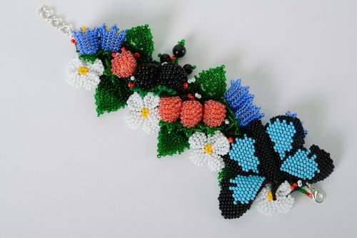 Bracelet en perles de rocaille massif multicolore fait main Fleurs et papillon - MADEheart.com