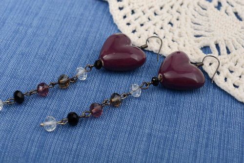 Handmade violet long dangle earrings with Czech crystal and ceramic beads - MADEheart.com