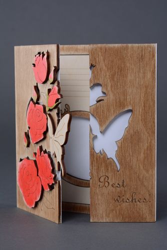 Carte de voeux en bois faite main originale avec roses et miroir Best wishes - MADEheart.com