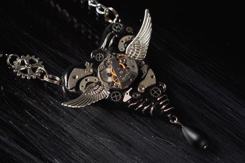 Handmade unique metal steampunk necklace polymer clay pendant designer jewelry - MADEheart.com