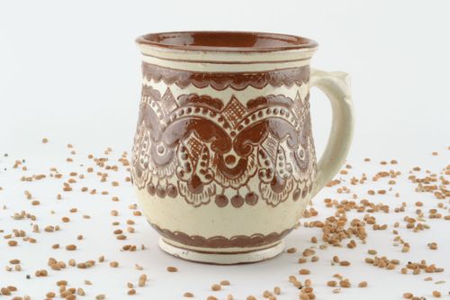 Large decorative 8 oz cup with handle in white and cherry colors with ethnic pattern - MADEheart.com