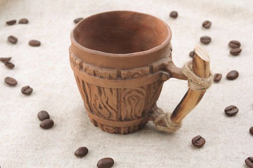 Clay not glazed lead-free cup with fake wood pattern and wide handle  - MADEheart.com