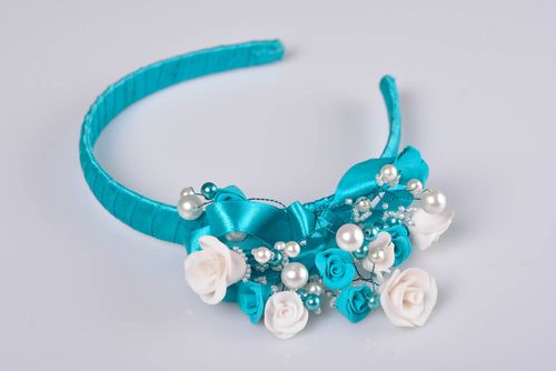 Beautiful blue handmade designer polymer clay flower headband with beads - MADEheart.com