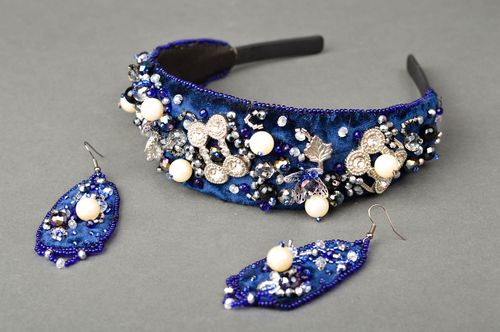 Schmuck Set handgemachter Schmuck lange Ohrringe und breiter Haarreif dunkelblau - MADEheart.com