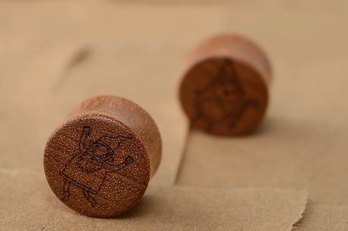 Sapele wood plug earrings with images of penguin and Father Frost - MADEheart.com