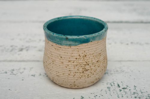 8 oz ceramic white color with blue glaze inside with no handle - MADEheart.com