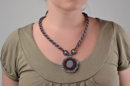 Beaded pendant with natural stones long gray handmade designer accessory - MADEheart.com