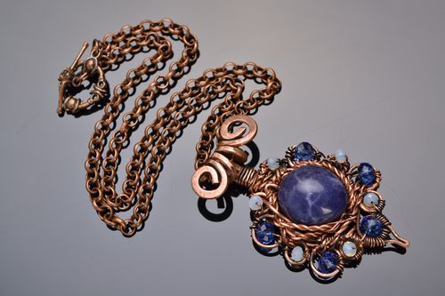 Handmade wire wrap copper pendant with natural stones on long chain for women - MADEheart.com