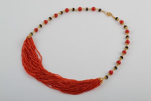 Handmade multi row necklace woven of Czech and wooden beads of red and black colors - MADEheart.com
