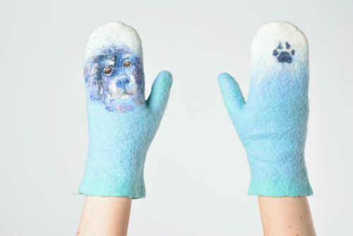 Handmade felted mittens wool knit mittens warm mittens mittens with a dog image - MADEheart.com