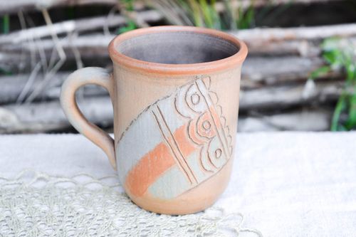 Red clay 8 oz clay coffee cup with handle and olive, brown color - MADEheart.com