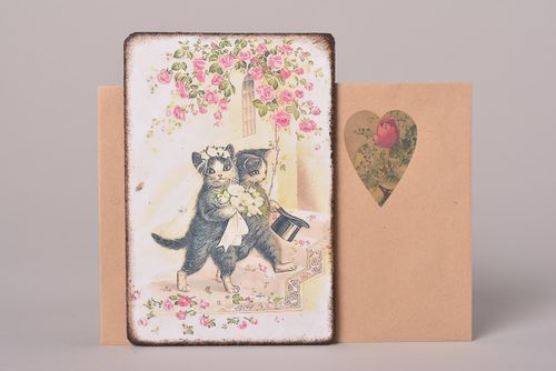 Handmade schöne Grusskarte Postkarten Holz Grußkarten Designer Katzen zart toll - MADEheart.com