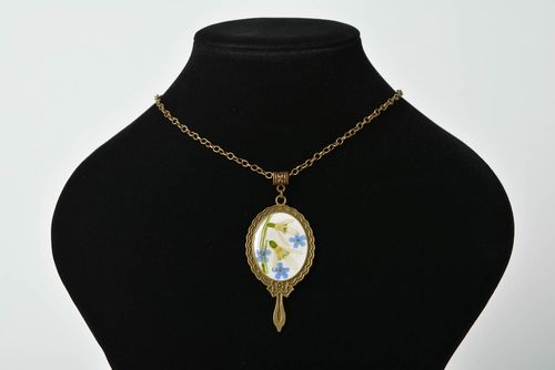 Beautiful handmade pendant with dried flowers and epoxy coating on metal chain - MADEheart.com