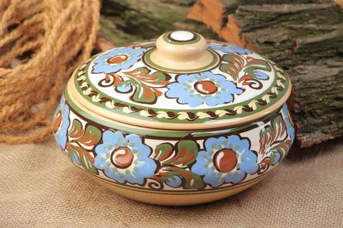 Handmade painted clay pot with lid for baking 1.5 l - MADEheart.com