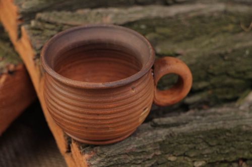 2 oz rustic style brown handmade pot shape coffee cup with handle - MADEheart.com