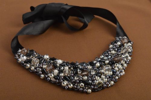 Handmade beaded collar necklace beaded collar with satin ribbons design jewelry - MADEheart.com