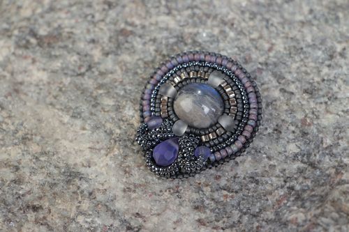 Beautiful round handmade gemstone brooch embroidered with beads - MADEheart.com