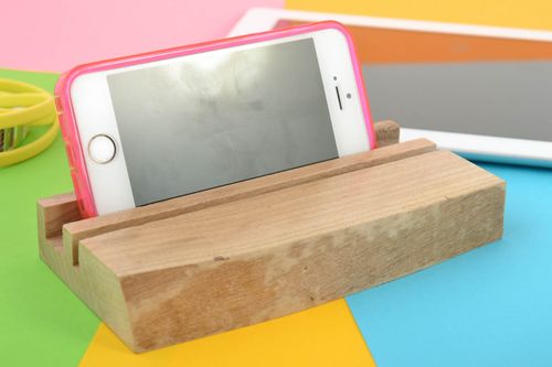 Small desktop wooden varnished tablet stand designer holder for gadgets  - MADEheart.com