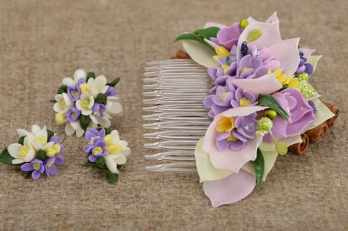 Handmade set of jewelry made of polymer clay 3 pieces ring earrings and comb - MADEheart.com