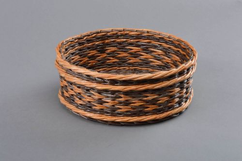 Handmade decorative round two colored brown basket woven of paper tubes - MADEheart.com