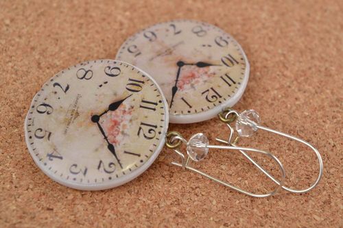 Unusual handmade designer decoupage polymer clay round earrings Clock - MADEheart.com