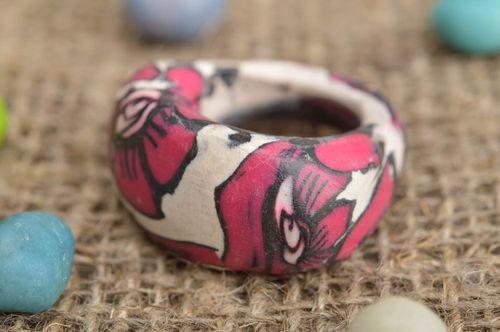 Polymer clay volume beautiful bright handmade ring with flowers stylish jewelry - MADEheart.com