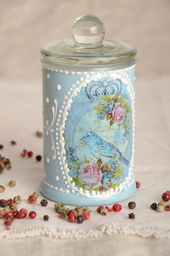 Glas Dose für lose Produkte in Blau mit Deckel handgemacht Decoupage Technik - MADEheart.com