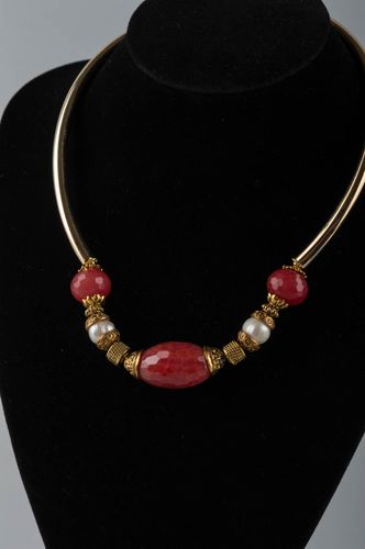 Handmade massive designer latten necklace with crimson agate nephrite and pearls - MADEheart.com