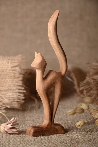 Handmade home decor wood sculpture cat figurine for decorative use only - MADEheart.com
