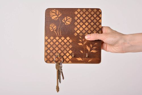 Wooden wall key holder with decoupage brown handmade accessory for interior - MADEheart.com