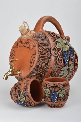 Handmade decorative ceramic wine barrel and 2 shot glasses set of 3 pieces - MADEheart.com