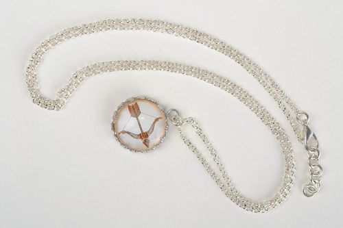 Handmade designer round pendant with glass on long chain Zodiac sign Sagittarius - MADEheart.com