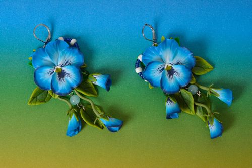 Серьги из полимерной глины цветочные длинные синие авторские ручной работы - MADEheart.com
