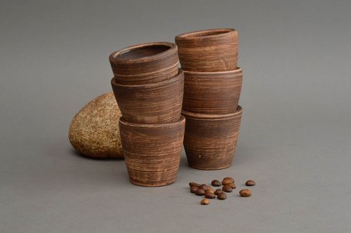 Set of 6 handmade ceramic small designer brown shot glasses in ethnic style - MADEheart.com