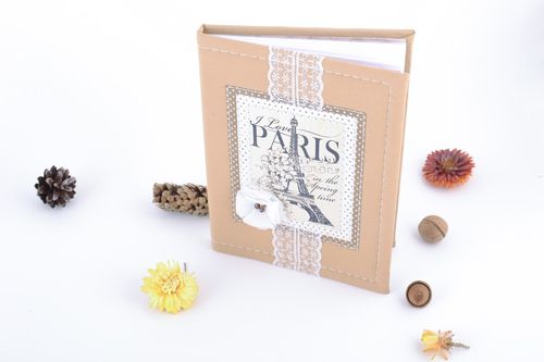 Beautiful handmade designer notebook with fabric cover and image of Eiffel Tower - MADEheart.com