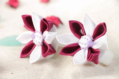 Beautiful white and claret handmade satin ribbon hair ties set with flowers 2 pieces - MADEheart.com