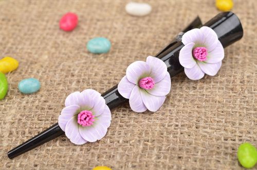 Handmade long metal hair clip with 3 tender polymer clay white and pink flowers - MADEheart.com