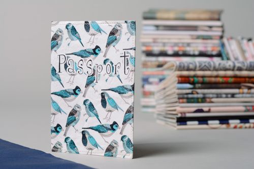 Handmade artificial leather passport cover with birds print - MADEheart.com