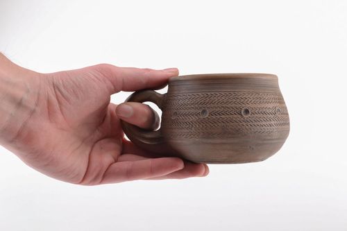 Clay 4 oz coffee cup in light brown color with ancient pattern and handle - MADEheart.com