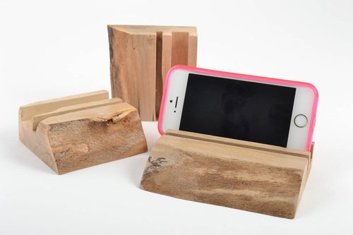 Handmade stylish unusual set of stands for gadgets made of wood 3 pieces - MADEheart.com