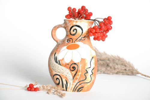 7 inches handmade ceramic vase with handle and floral ornament 0,9 lb - MADEheart.com