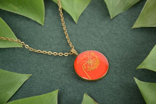 Festive red handmade designer pendant necklace with real flowers and epoxy - MADEheart.com